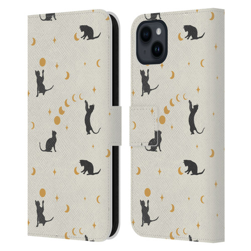 Episodic Drawing Pattern Cat And Moon Leather Book Wallet Case Cover For Apple iPhone 15 Plus