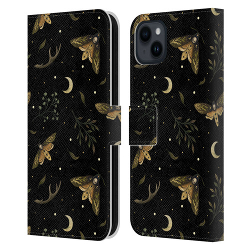 Episodic Drawing Pattern Death Head Moth Leather Book Wallet Case Cover For Apple iPhone 15 Plus