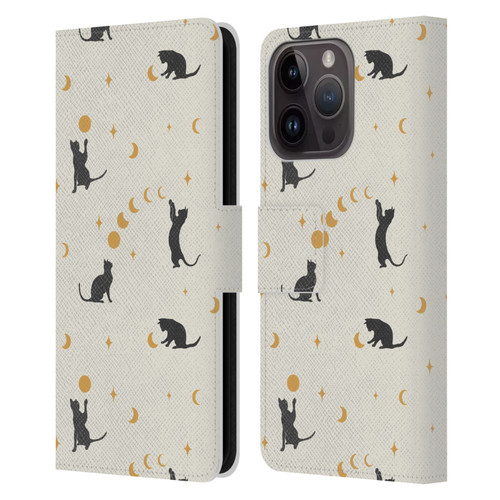 Episodic Drawing Pattern Cat And Moon Leather Book Wallet Case Cover For Apple iPhone 15 Pro