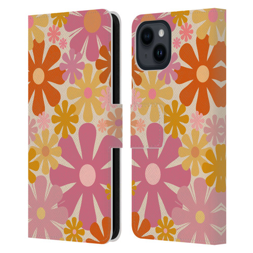 Kierkegaard Design Studio Retro Abstract Patterns Pink Orange Thulian Flowers Leather Book Wallet Case Cover For Apple iPhone 15