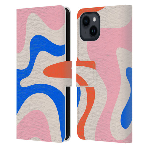 Kierkegaard Design Studio Retro Abstract Patterns Pink Blue Orange Swirl Leather Book Wallet Case Cover For Apple iPhone 15