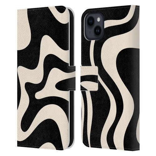 Kierkegaard Design Studio Retro Abstract Patterns Black Almond Cream Swirl Leather Book Wallet Case Cover For Apple iPhone 15 Plus