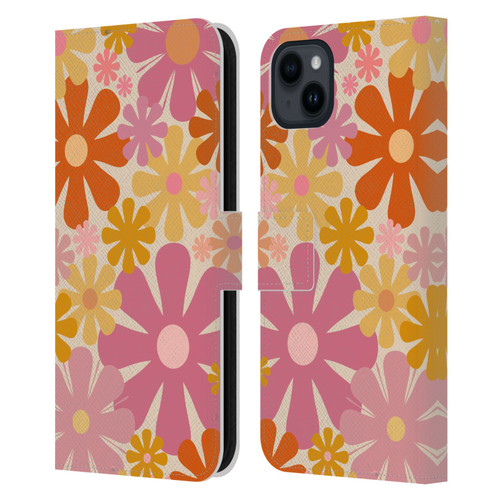 Kierkegaard Design Studio Retro Abstract Patterns Pink Orange Thulian Flowers Leather Book Wallet Case Cover For Apple iPhone 15 Plus
