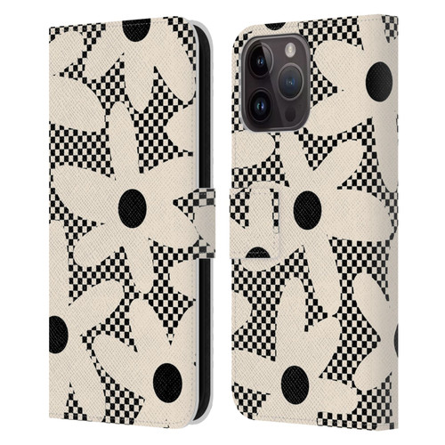 Kierkegaard Design Studio Retro Abstract Patterns Daisy Black Cream Dots Check Leather Book Wallet Case Cover For Apple iPhone 15 Pro Max
