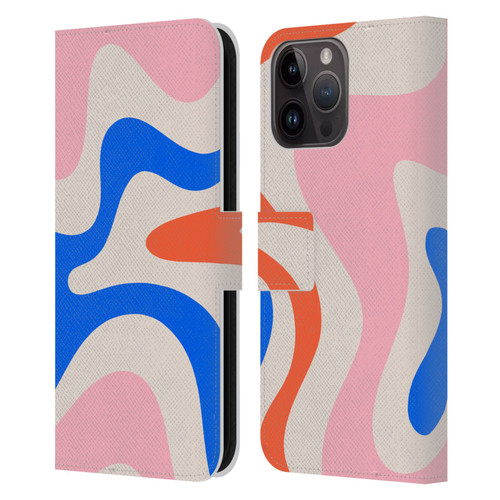 Kierkegaard Design Studio Retro Abstract Patterns Pink Blue Orange Swirl Leather Book Wallet Case Cover For Apple iPhone 15 Pro Max