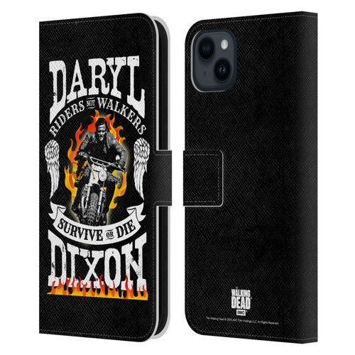 AMC The Walking Dead Daryl Dixon Biker Art Motorcycle Flames Leather Book Wallet Case Cover For Apple iPhone 15 Plus