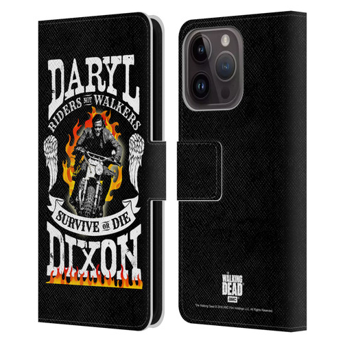 AMC The Walking Dead Daryl Dixon Biker Art Motorcycle Flames Leather Book Wallet Case Cover For Apple iPhone 15 Pro