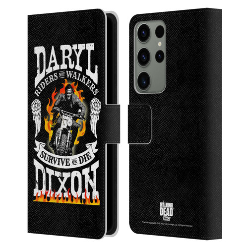 AMC The Walking Dead Daryl Dixon Biker Art Motorcycle Flames Leather Book Wallet Case Cover For Samsung Galaxy S23 Ultra 5G