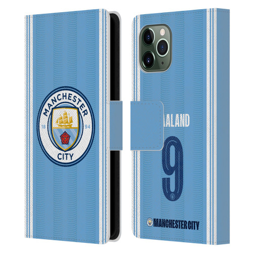 Manchester City Man City FC 2023/24 Players Home Kit Erling Haaland Leather Book Wallet Case Cover For Apple iPhone 11 Pro