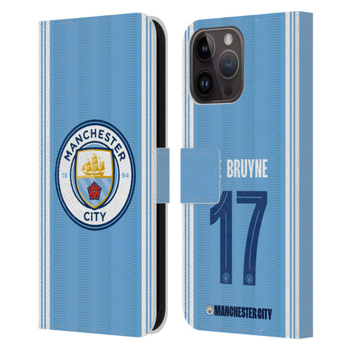 Manchester City Man City FC 2023/24 Players Home Kit Kevin De Bruyne Leather Book Wallet Case Cover For Apple iPhone 15 Pro Max