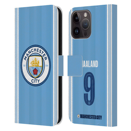 Manchester City Man City FC 2023/24 Players Home Kit Erling Haaland Leather Book Wallet Case Cover For Apple iPhone 15 Pro Max