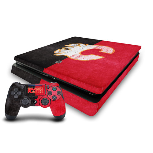 NHL Calgary Flames Half Distressed Vinyl Sticker Skin Decal Cover for Sony PS4 Slim Console & Controller