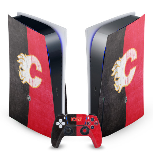 NHL Calgary Flames Half Distressed Vinyl Sticker Skin Decal Cover for Sony PS5 Disc Edition Bundle