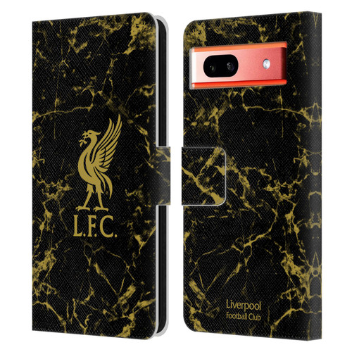 Liverpool Football Club Crest & Liverbird Patterns 1 Black & Gold Marble Leather Book Wallet Case Cover For Google Pixel 7a
