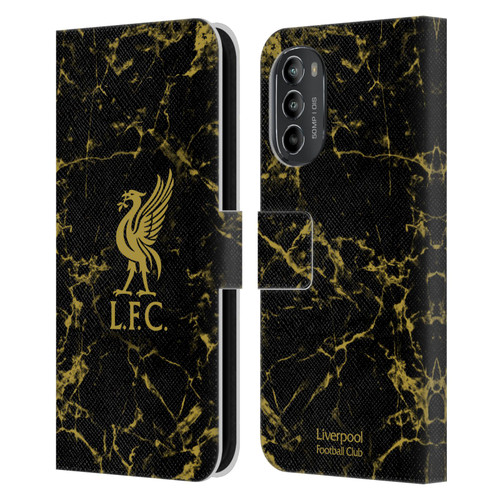 Liverpool Football Club Crest & Liverbird Patterns 1 Black & Gold Marble Leather Book Wallet Case Cover For Motorola Moto G82 5G