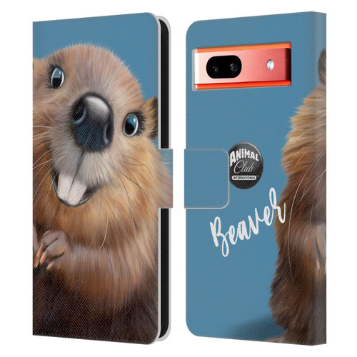 Animal Club International Faces Beaver Leather Book Wallet Case Cover For Google Pixel 7a