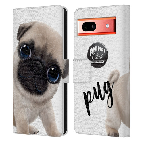 Animal Club International Faces Pug Leather Book Wallet Case Cover For Google Pixel 7a