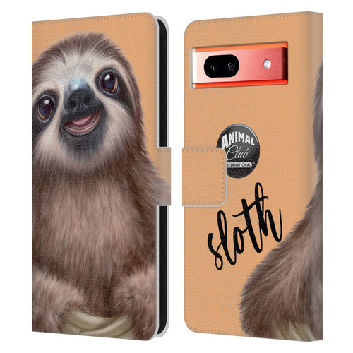 Animal Club International Faces Sloth Leather Book Wallet Case Cover For Google Pixel 7a