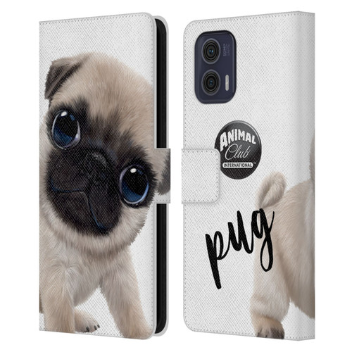 Animal Club International Faces Pug Leather Book Wallet Case Cover For Motorola Moto G73 5G