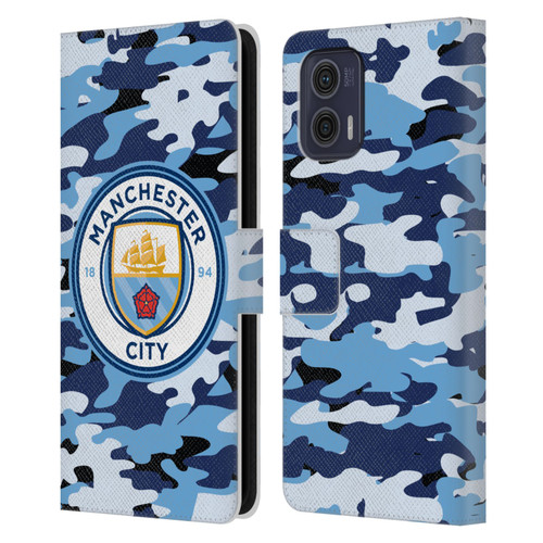 Manchester City Man City FC Badge Camou Blue Moon Leather Book Wallet Case Cover For Motorola Moto G73 5G