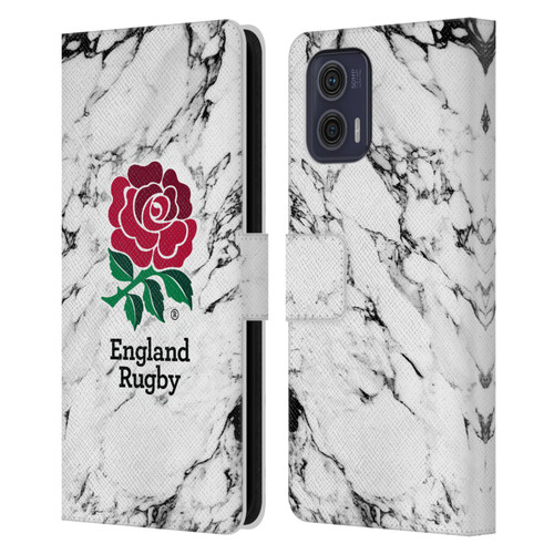 England Rugby Union Marble White Leather Book Wallet Case Cover For Motorola Moto G73 5G