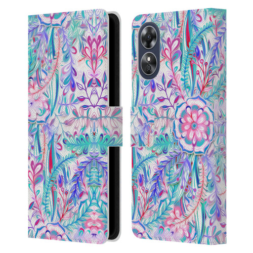 Micklyn Le Feuvre Florals Burst in Pink and Teal Leather Book Wallet Case Cover For OPPO A17