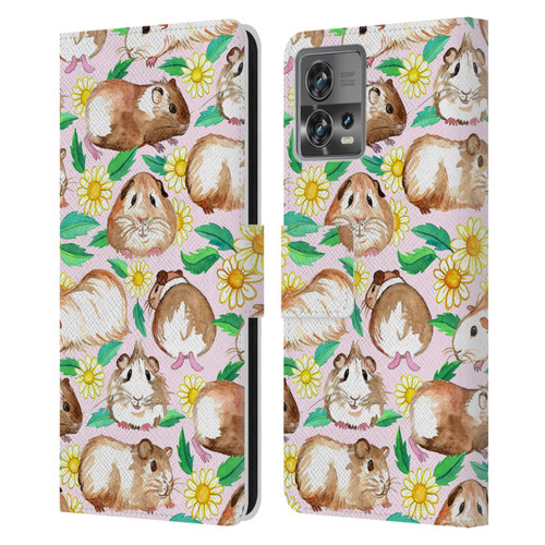 Micklyn Le Feuvre Patterns 2 Guinea Pigs And Daisies In Watercolour On Pink Leather Book Wallet Case Cover For Motorola Moto Edge 30 Fusion