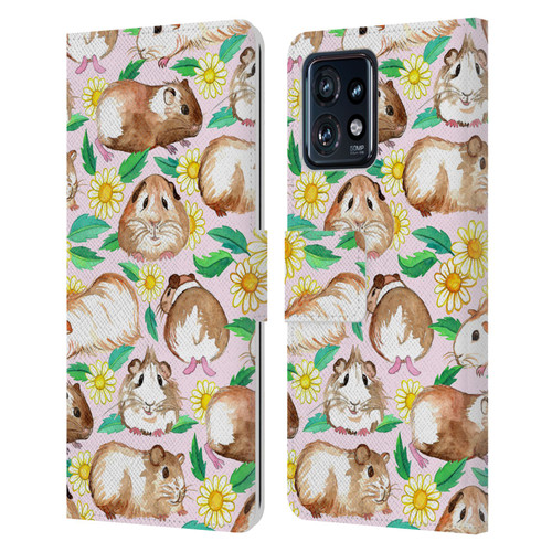 Micklyn Le Feuvre Patterns 2 Guinea Pigs And Daisies In Watercolour On Pink Leather Book Wallet Case Cover For Motorola Moto Edge 40 Pro