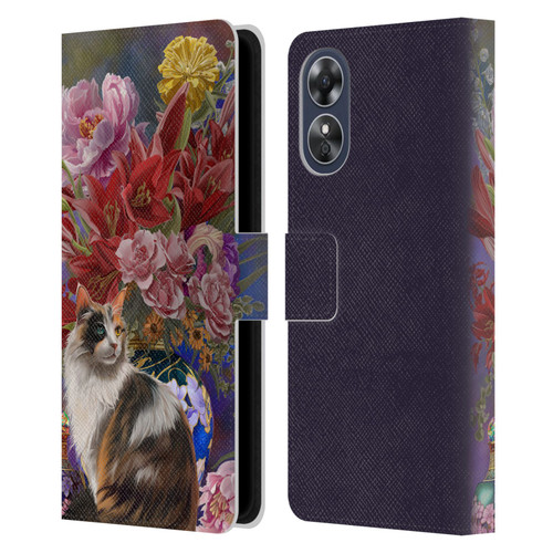 Nene Thomas Art Cat With Bouquet Of Flowers Leather Book Wallet Case Cover For OPPO A17
