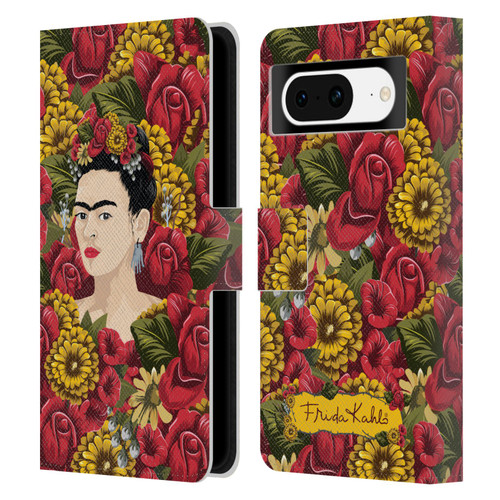 Frida Kahlo Red Florals Portrait Pattern Leather Book Wallet Case Cover For Google Pixel 8