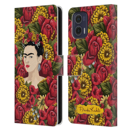Frida Kahlo Red Florals Portrait Pattern Leather Book Wallet Case Cover For Motorola Moto G73 5G
