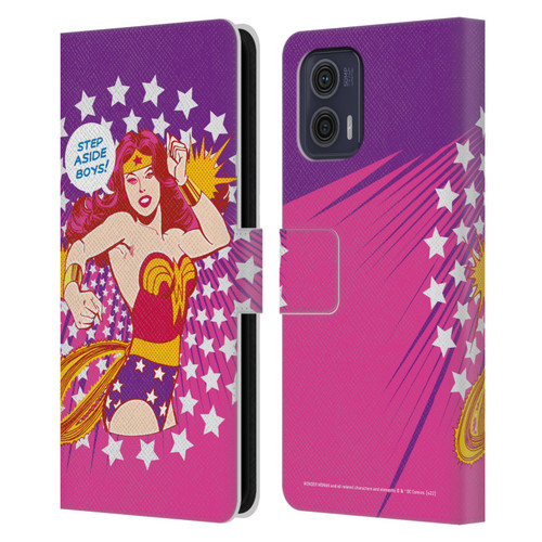 Wonder Woman DC Comics Vintage Art Step Aside Leather Book Wallet Case Cover For Motorola Moto G73 5G