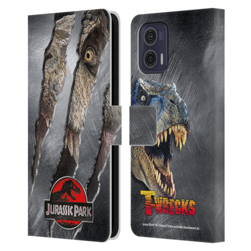 Jurassic Park Logo T-Rex Claw Mark Leather Book Wallet Case Cover For Motorola Moto G73 5G