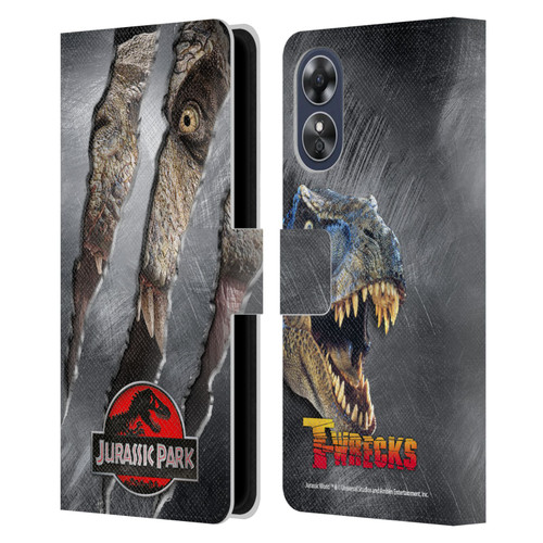Jurassic Park Logo T-Rex Claw Mark Leather Book Wallet Case Cover For OPPO A17