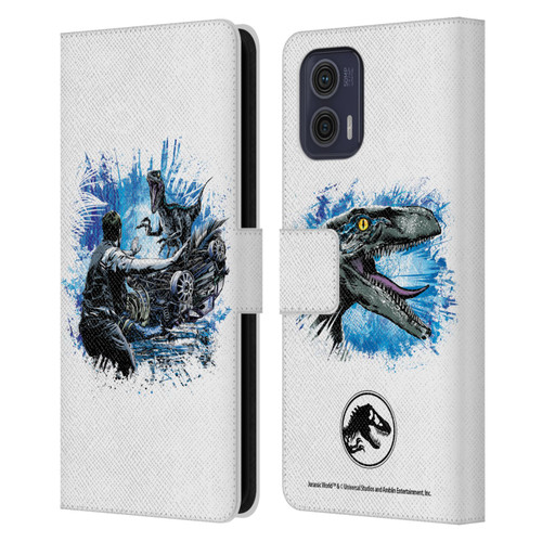Jurassic World Fallen Kingdom Key Art Blue & Owen Distressed Look Leather Book Wallet Case Cover For Motorola Moto G73 5G