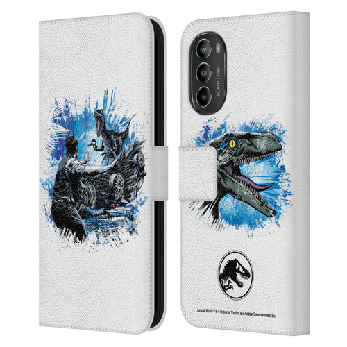 Jurassic World Fallen Kingdom Key Art Blue & Owen Distressed Look Leather Book Wallet Case Cover For Motorola Moto G82 5G