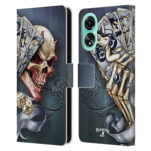 Alchemy Gothic Skull And Cards Read 'Em And Weep Leather Book Wallet Case Cover For OPPO A78 4G