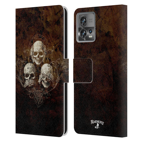 Alchemy Gothic Skull No Evil Three Skull Leather Book Wallet Case Cover For Motorola Moto Edge 30 Fusion
