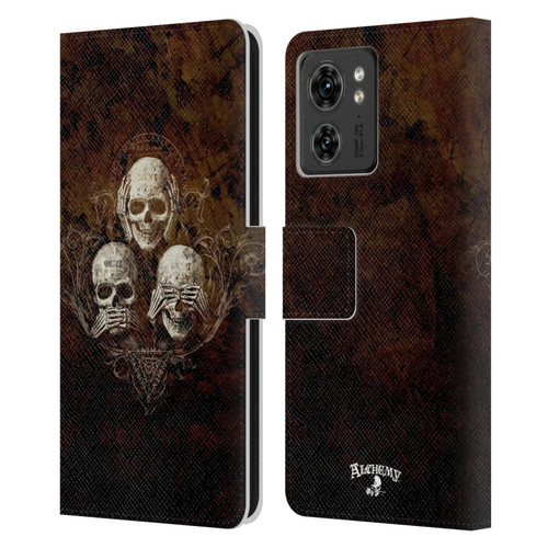 Alchemy Gothic Skull No Evil Three Skull Leather Book Wallet Case Cover For Motorola Moto Edge 40