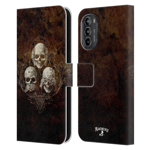 Alchemy Gothic Skull No Evil Three Skull Leather Book Wallet Case Cover For Motorola Moto G82 5G