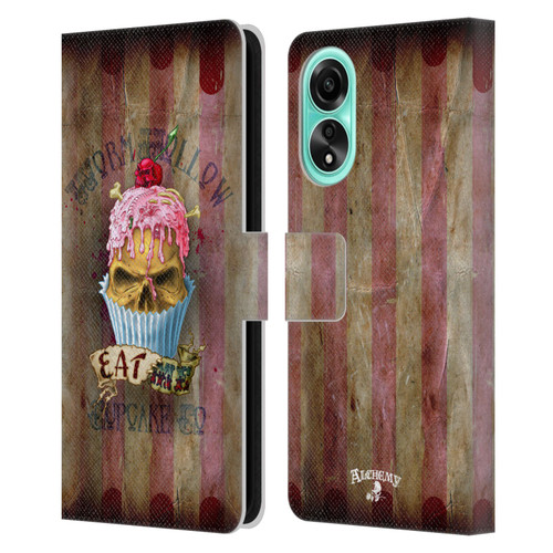 Alchemy Gothic Skull Eat Me Cupcake Leather Book Wallet Case Cover For OPPO A78 4G