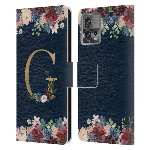 Nature Magick Floral Monogram Gold Navy Letter G Leather Book Wallet Case Cover For Motorola Moto Edge 30 Fusion