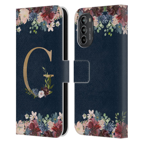 Nature Magick Floral Monogram Gold Navy Letter G Leather Book Wallet Case Cover For Motorola Moto G82 5G