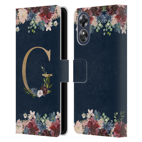 Nature Magick Floral Monogram Gold Navy Letter G Leather Book Wallet Case Cover For OPPO A17