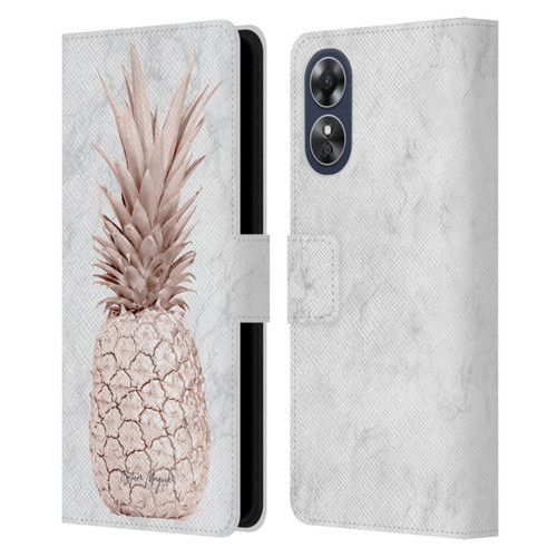 Nature Magick Rose Gold Pineapple On Marble Rose Gold Leather Book Wallet Case Cover For OPPO A17