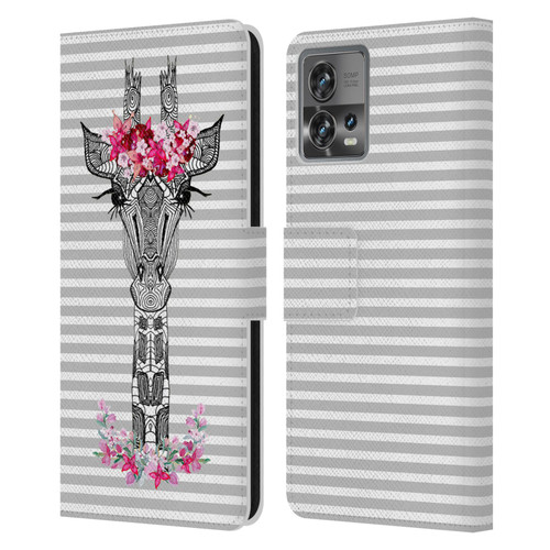 Monika Strigel Flower Giraffe And Stripes Grey Leather Book Wallet Case Cover For Motorola Moto Edge 30 Fusion