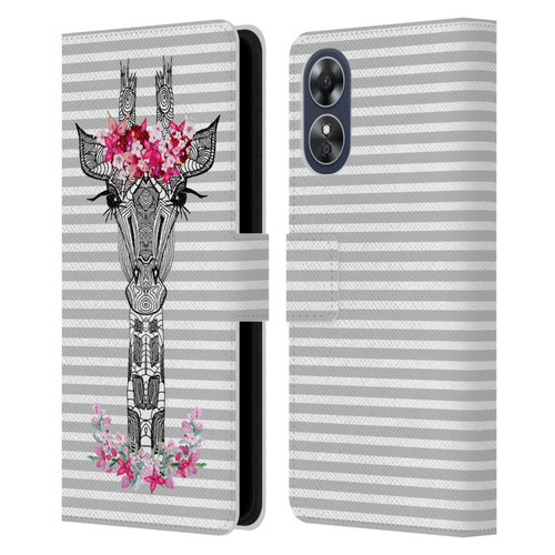 Monika Strigel Flower Giraffe And Stripes Grey Leather Book Wallet Case Cover For OPPO A17