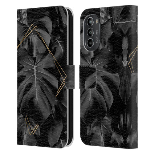 LebensArt Elegance in Black Deep Monstera Leather Book Wallet Case Cover For Motorola Moto G82 5G