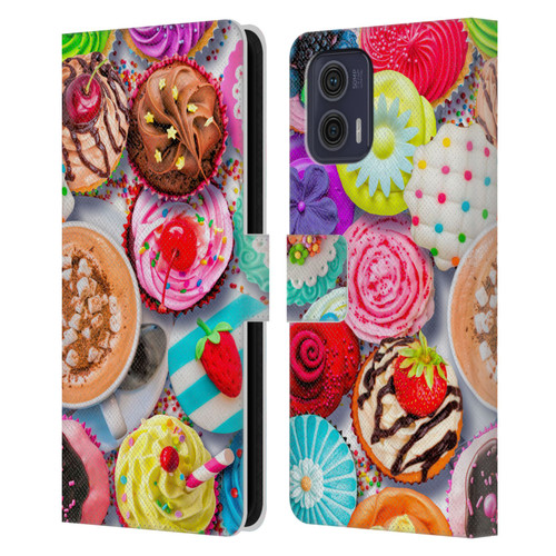 Aimee Stewart Colourful Sweets Cupcakes And Cocoa Leather Book Wallet Case Cover For Motorola Moto G73 5G