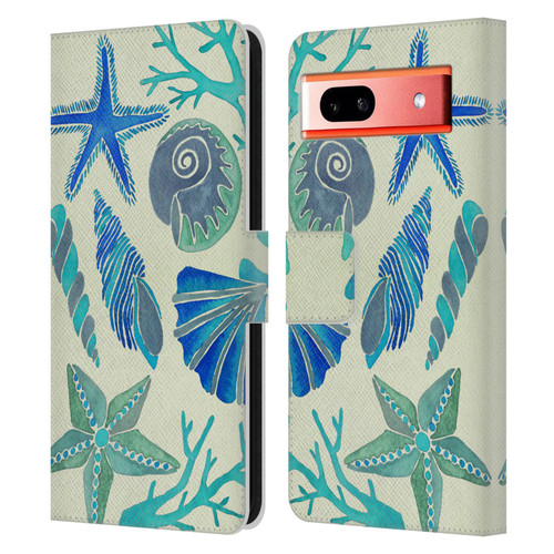 Cat Coquillette Sea Seashells Blue Leather Book Wallet Case Cover For Google Pixel 7a